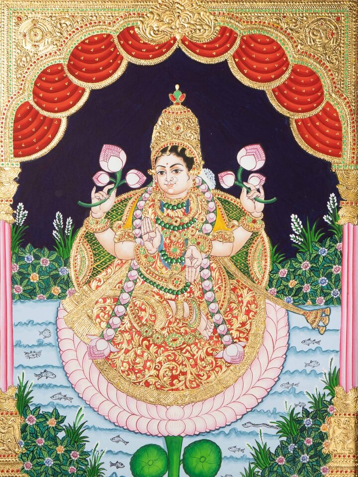 Detail view of the Mahalakshmi Mysore Teak Wood Painting