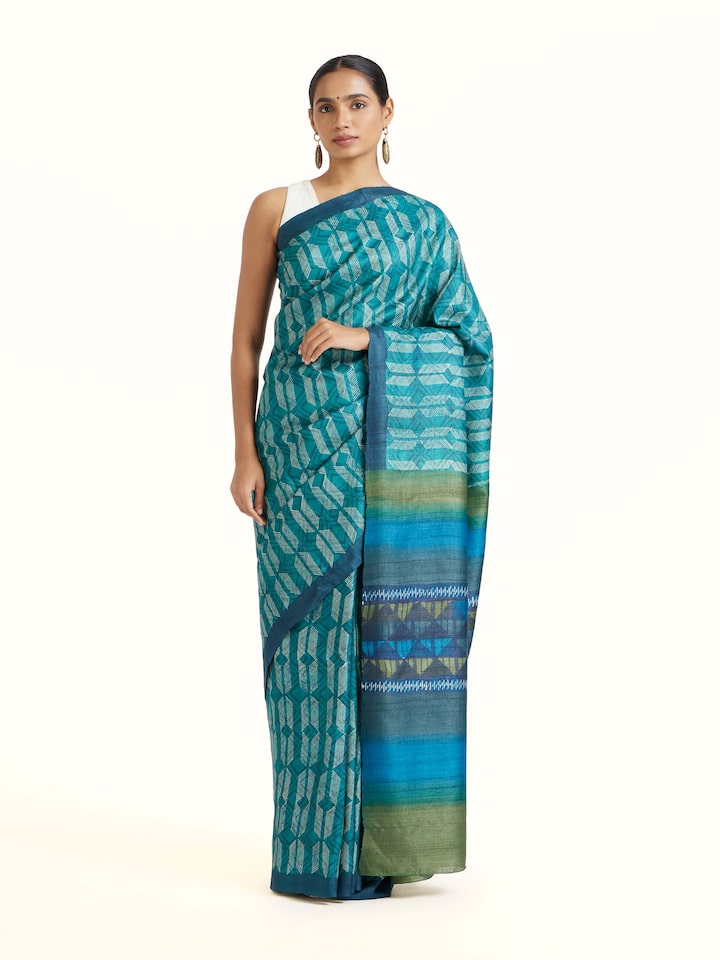 Front view of Sea Green Tussar Silk Discharge Block Printed Saree showcasing its traditional craftsmanship and design