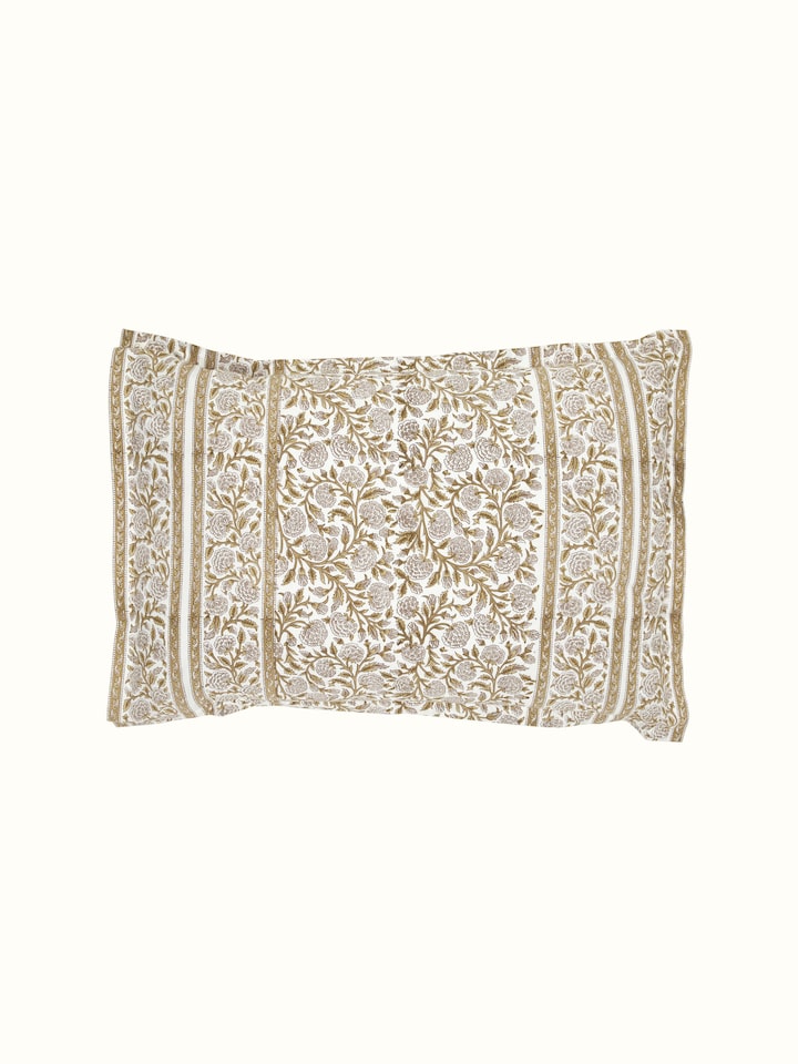 Angle view of the pillow shams showcasing the lavender jaal pattern and high-quality cotton fabric