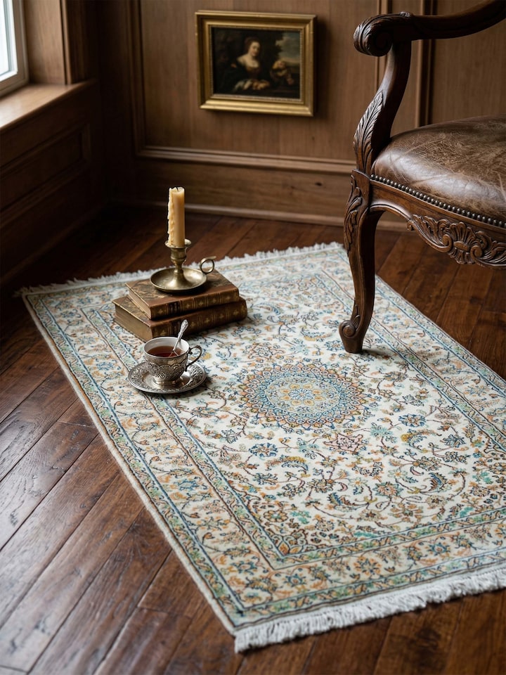 Lifestyle view of the Traditional Persian Beige Kashan Kashmir Silk Hand-Knotted Carpet