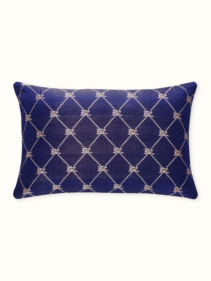 Awadh Navy Blue Banarasi Handloom Silk Lumbar Cushion Cover