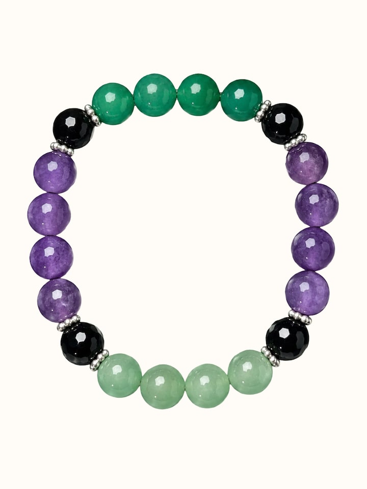 Front view of Gemstone Garnet, Black Onyx, Amethyst & Green Onyx Silver Bracelet showing the complete piece and design