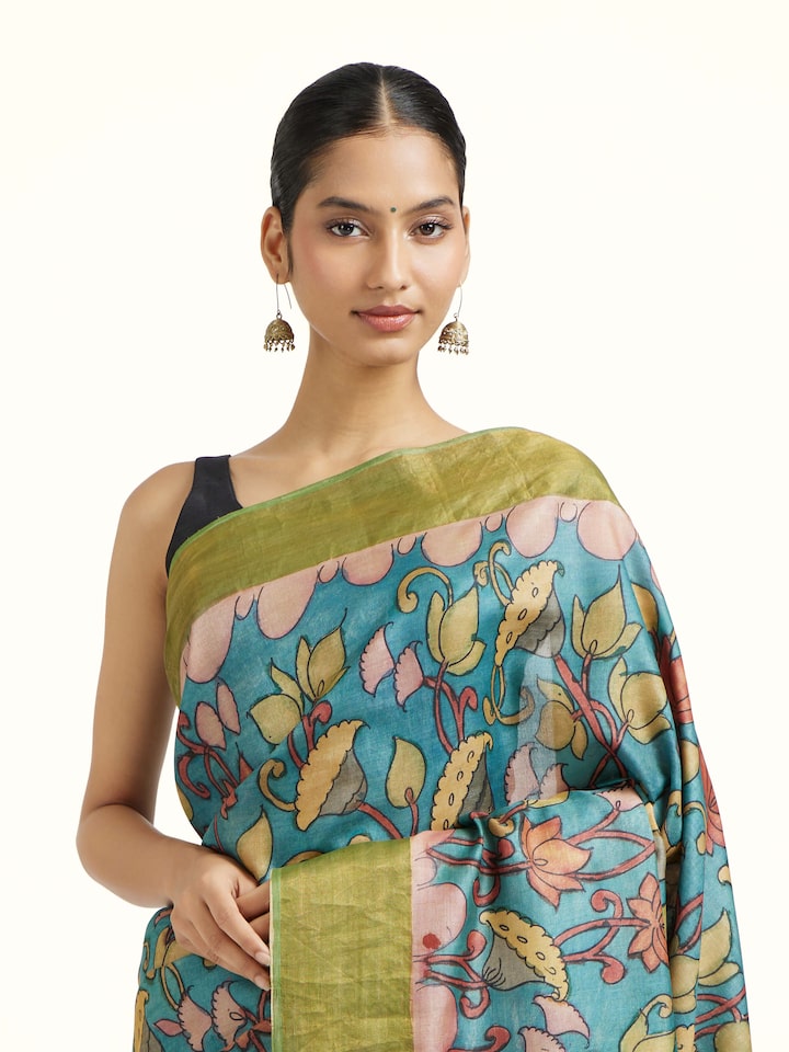 Close-up view of Tussar Silk Kalamkari Saree highlighting the handwoven motif and texture