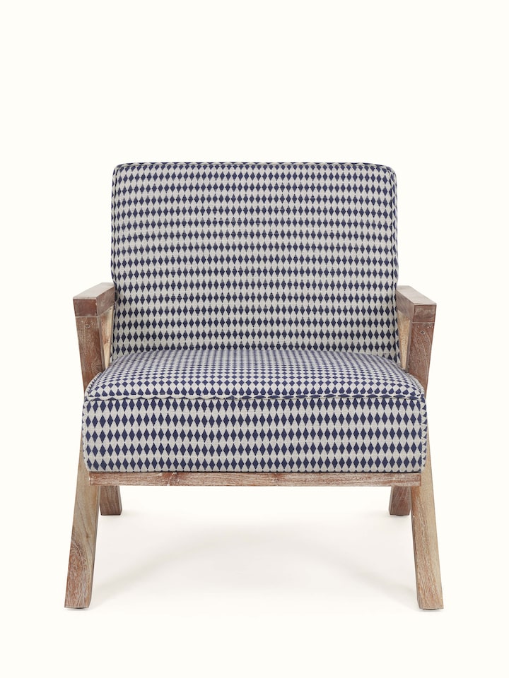 Front view of Swadesh Upholstered Acacia Wood Armchair showcasing its elegant upholstery and solid wood frame