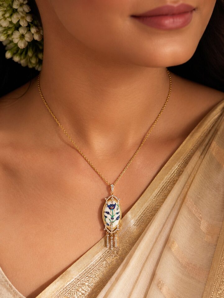 Styled view of Parchinkari Silver Pendant & Chain worn around the neck, showing how it looks styled