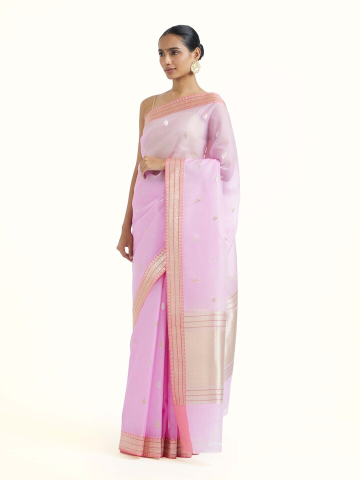 side view of pink banarasi kadhwa silk saree drape