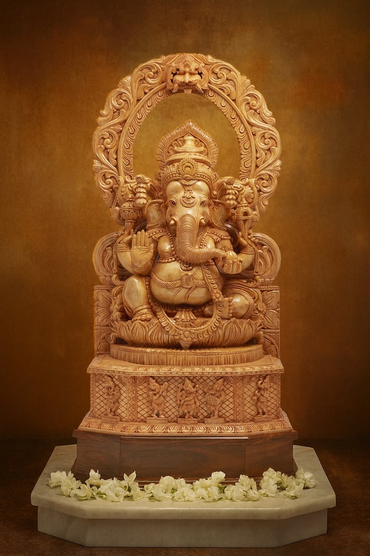 Lifestyle view of Sumukha Carved Shivani Wood Ganesha with Prabhavali Idol