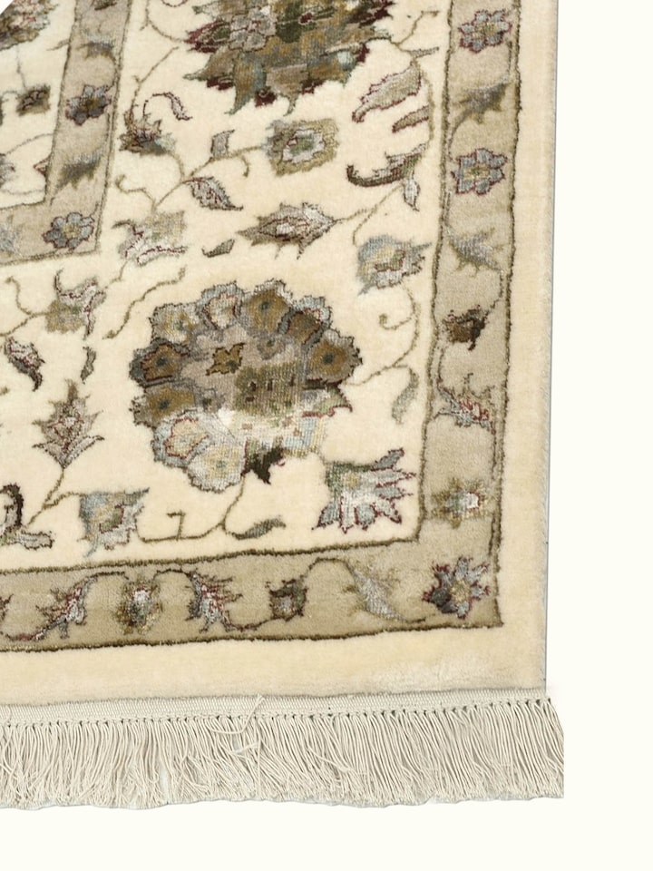Detail view of Traditional Kashan Ivory Beige Bhadohi Wool-Viscose Hand Knotted Rug highlighting the intricate pattern and pile texture