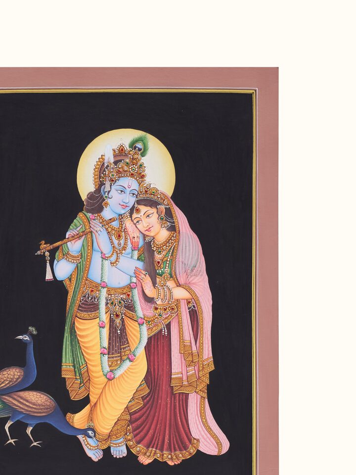 Detail view of the Radha Krishna Peacock Miniature Painting