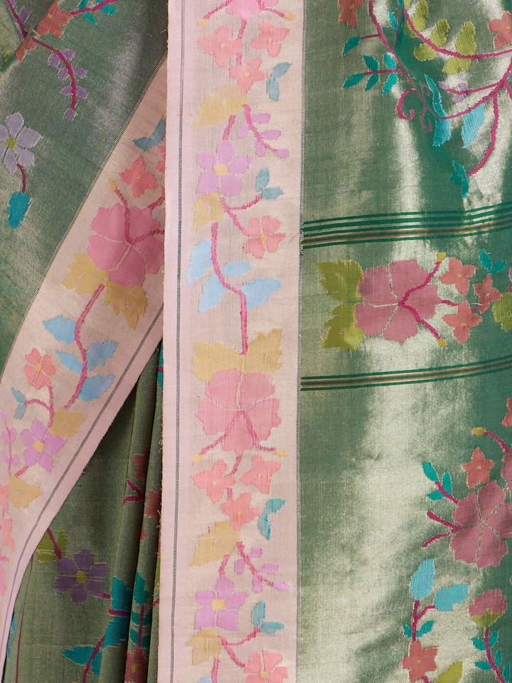 Draped detail view of the Green Mulberry Silk Paithani Handloom Saree