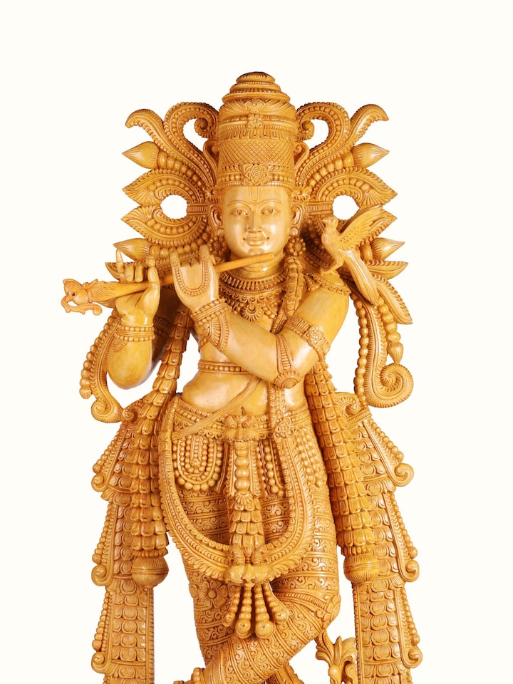 Detailed view of the Wood Carved Krishna Idol