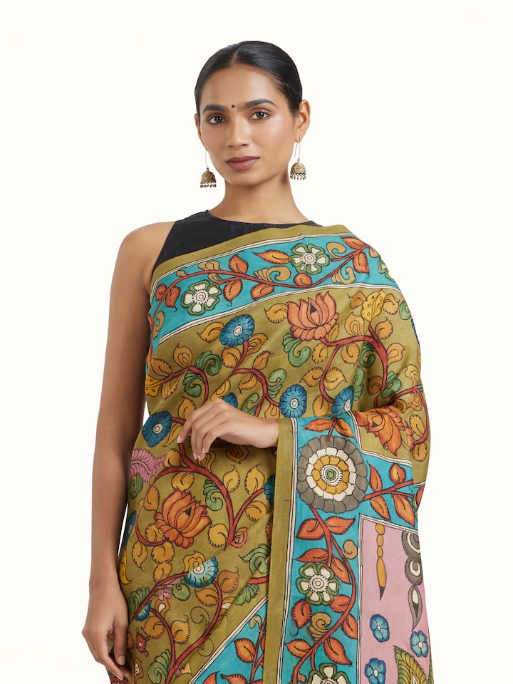 angled view of kalamkari mulberry silk saree