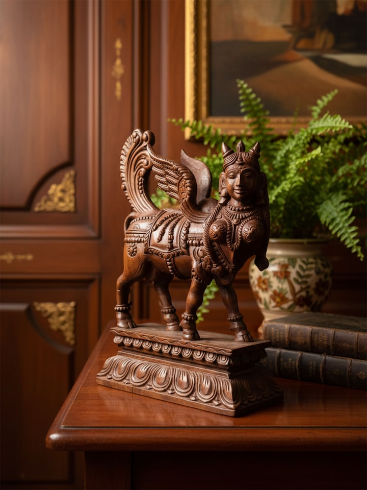 Left-side view of the Wood Carved Kamadhenu Idol