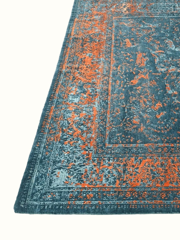 Close-up view of Transitional Persian Blue Shikargah Bhadohi Wool & Bamboo Silk Hand Knotted Rug highlighting the hand-knotted weave and motif detail