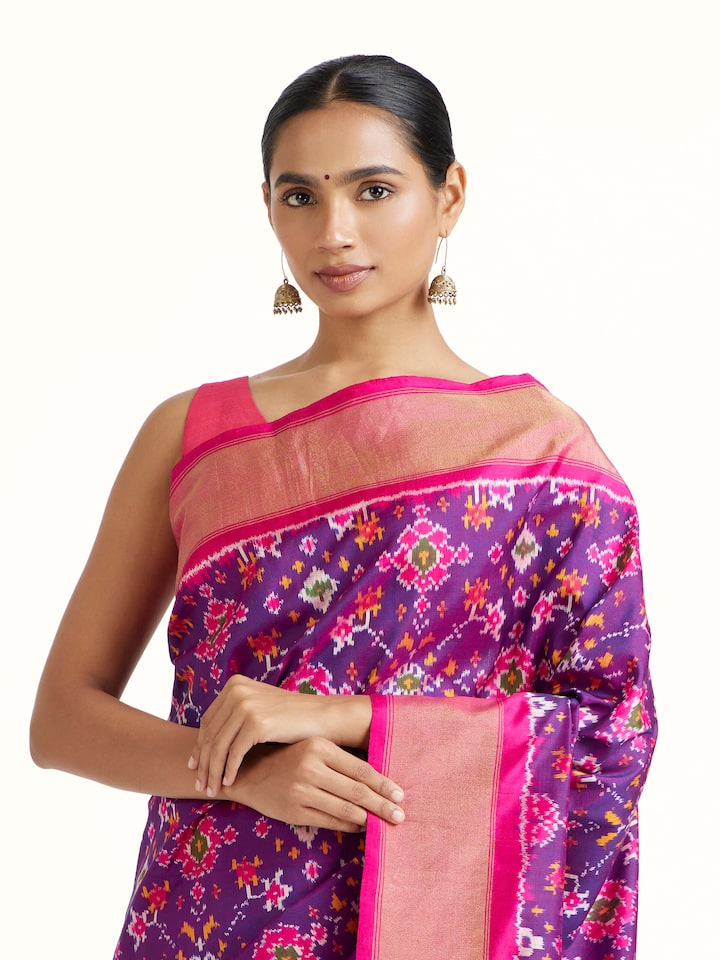 detail view of blue weft ikat silk saree pattern