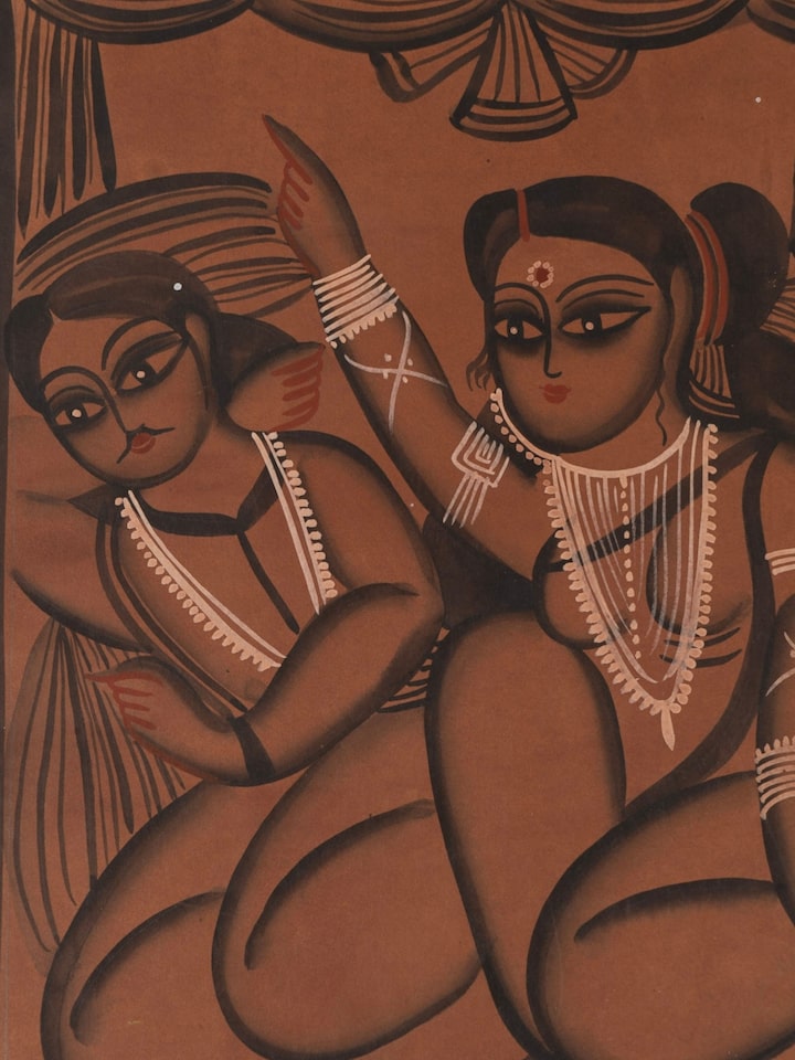 Detail shot of babu bibi kalighat painting showing hand painted details