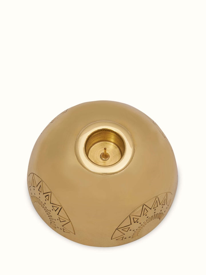 Side view of Brass Candle Stand in Green color with intricate detailing and vibrant finish