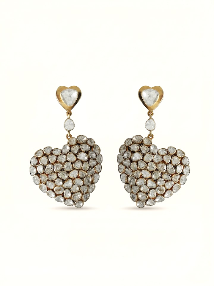 Front view of Dank Polki 14 Karat Gold Drop Earrings
