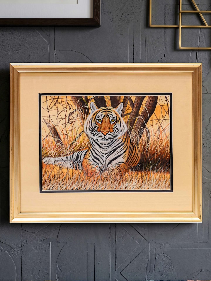 Styled view of Tiger in Bush Miniature Painting displayed against a styled backdrop