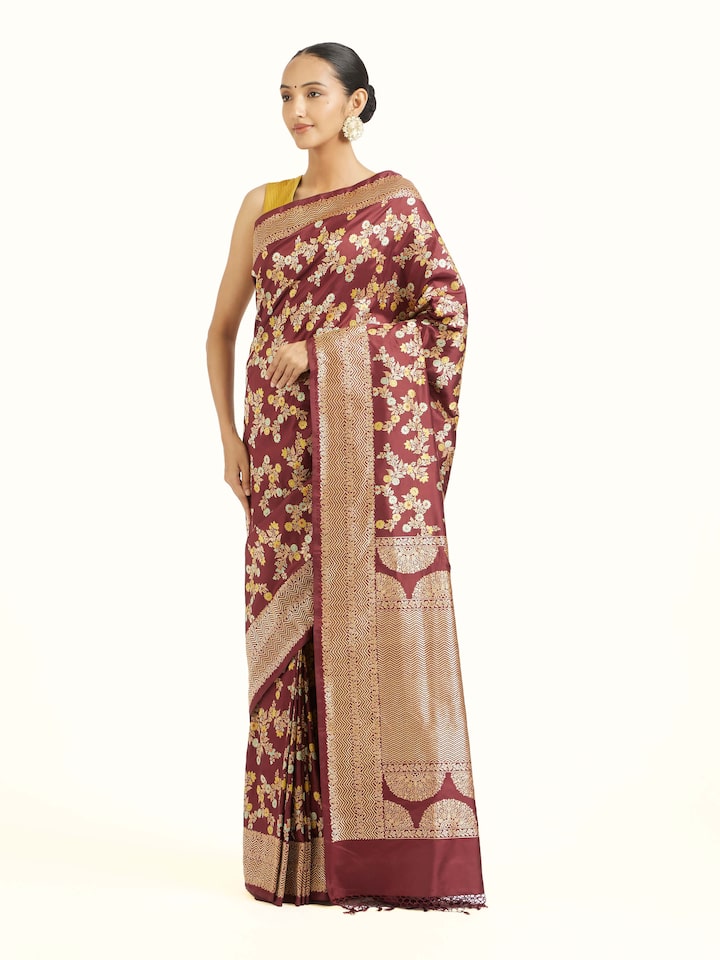 Side view of Brown Banarasi Kadhwa Silk Saree highlighting the detailed craftsmanship and elegant silhouette