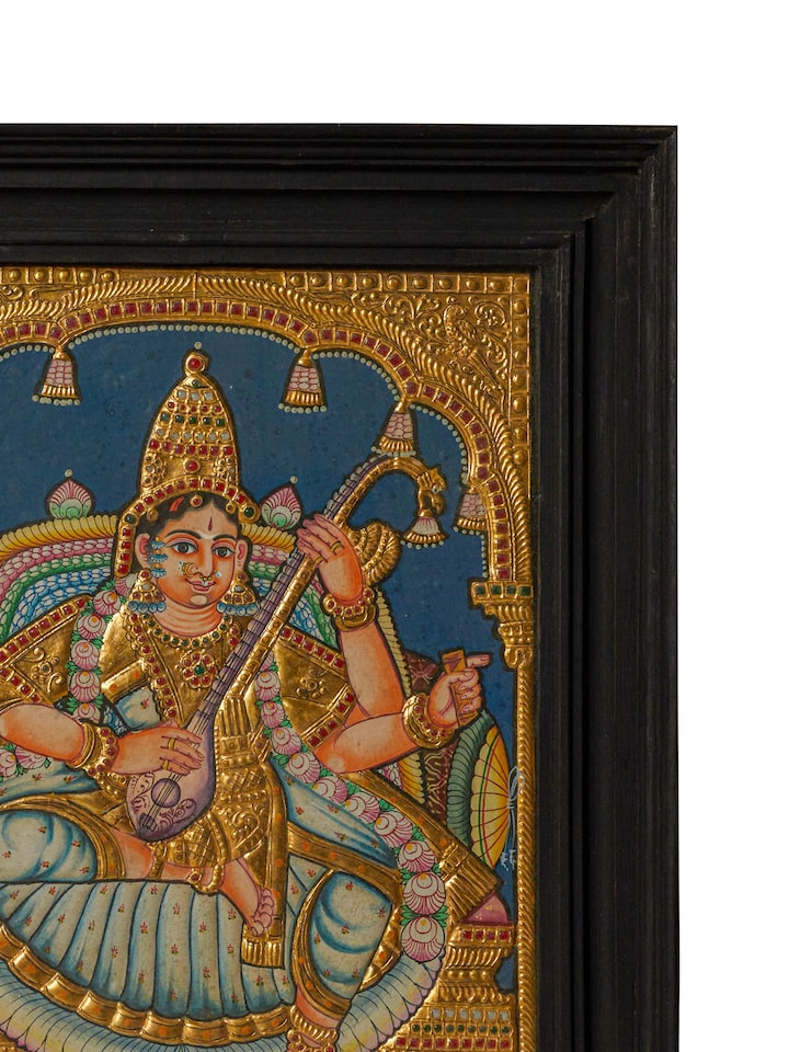 Detailed view of the Antique Saraswathi Thanjavur Painting