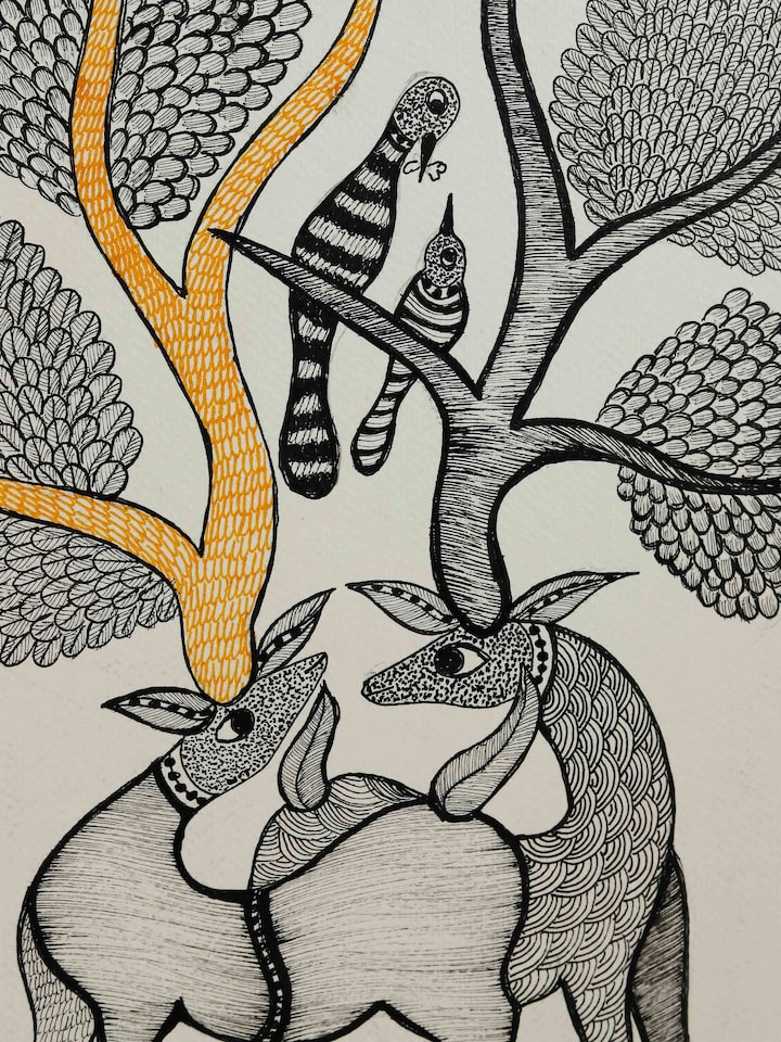 Detail view of the Forest Serenity Gond Art