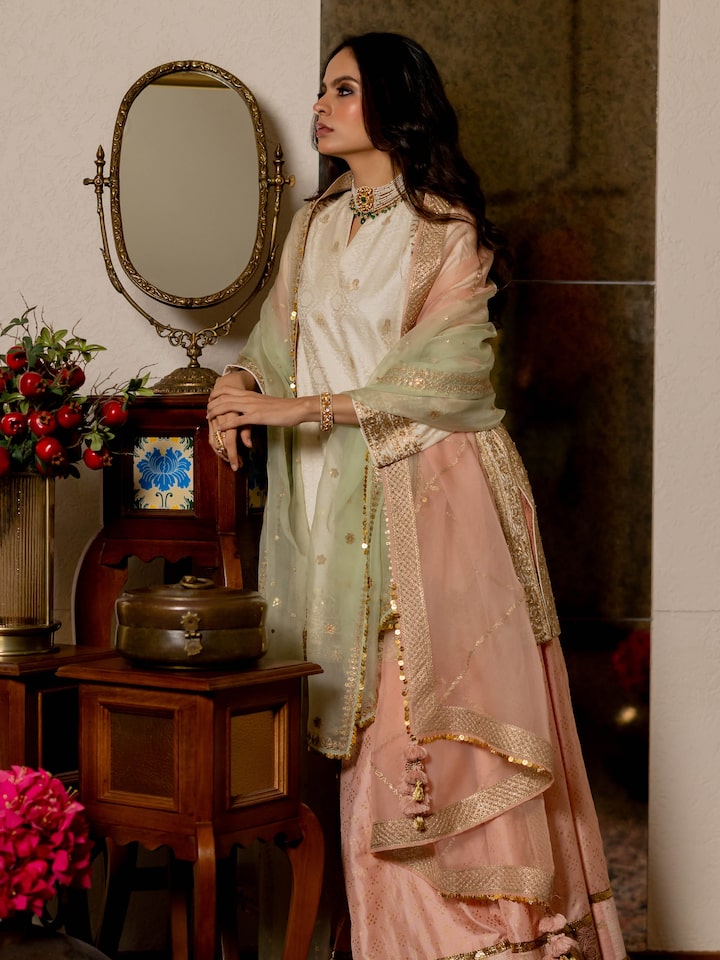 Front view of the Blush Pink Silk Leheriya Embroidered Organza Dupatta
