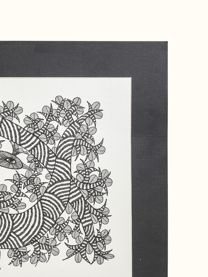 Detail view of the Silent Conversation Gond Art