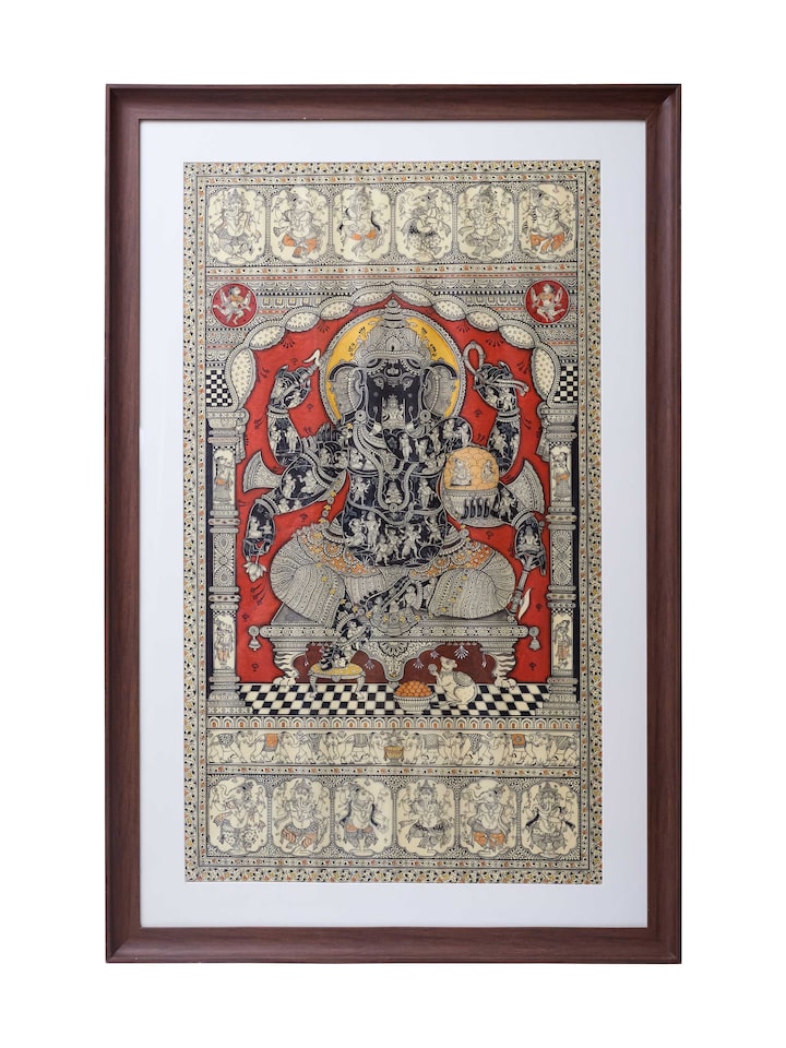 Front view of Ganesha Pattachitra Silk Painting showing the complete artwork and composition