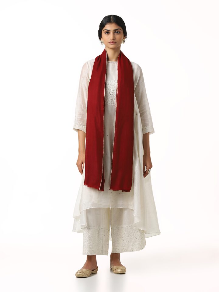 Front view of maroon cashmere kaaj embroidered handwoven stole showcasing fine embroidery