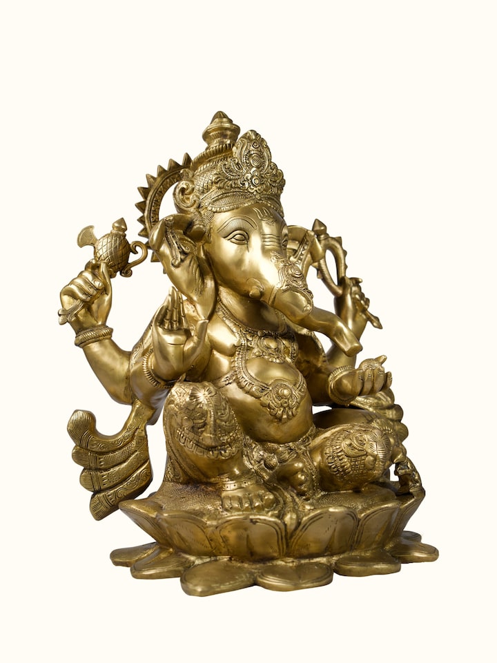 Angled view of the Brass Ganesha Lotus Sitting Idol