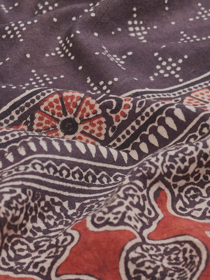 Detailed view of Sindh multicolour jaal cotton ajrakh block printed king bedspread set (3 pcs) focusing on the intricate patterns and design elements.