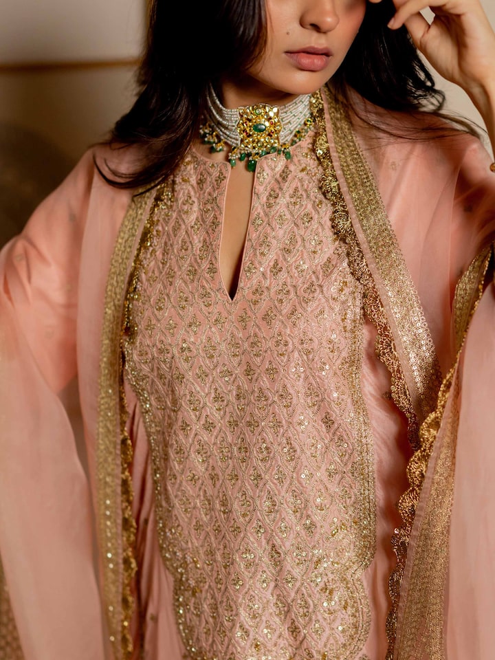 Detail view of the Blush Pink Silk Hand Daman Embroidered Long Yoke Kurta Set (2 Pcs)