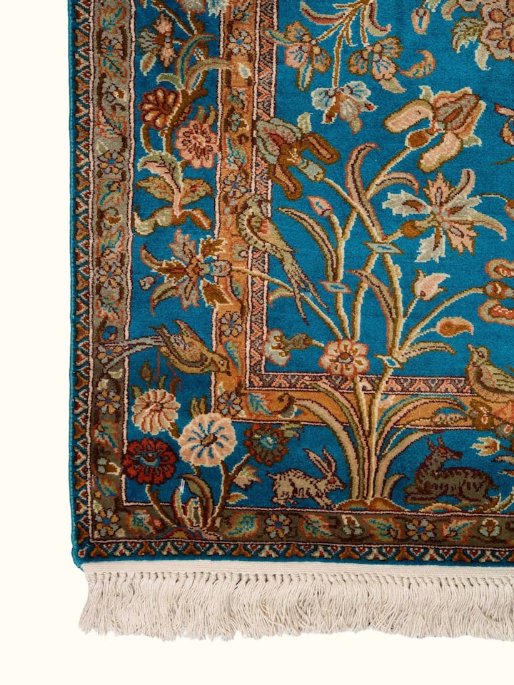 Traditional Persian Blue Mahal Kashmir Silk Hand-Knotted Carpet