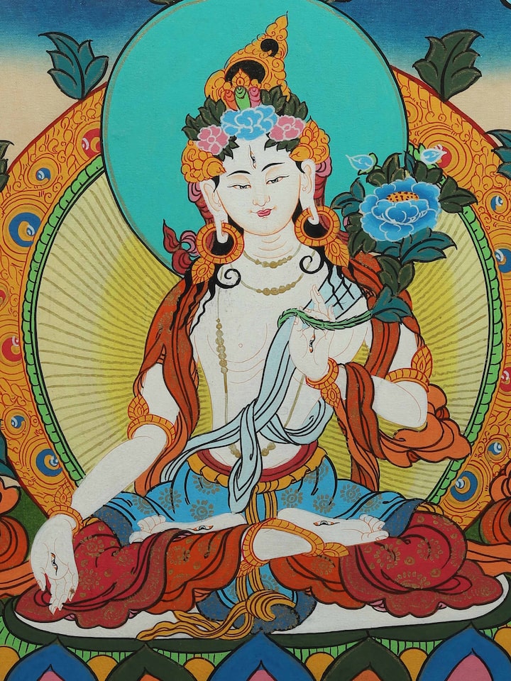 Close-up detail of the White Tara Thangka Painting
