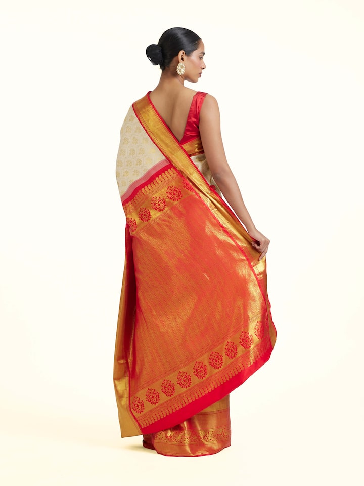 back view of white silk dharmavaram saree