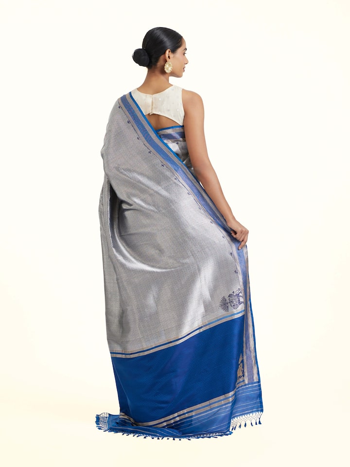Back view of Navy Banarasi Brocade Silk Saree emphasizing the overall design and fine details