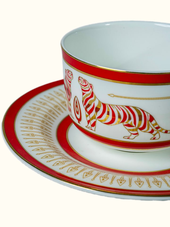 Detail view of Ceramic Tea Cups And Saucers With Gold Motifs (2 Pcs) highlighting the handcrafted detailing and finish, in an alternate close-up