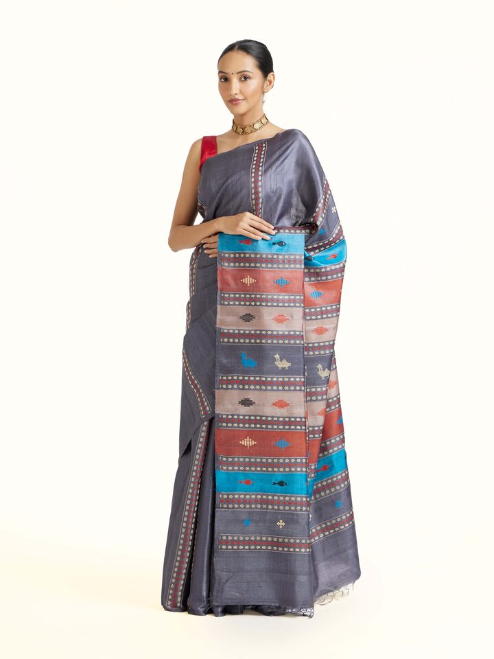 Black Tussar Silk Extra-weft Saree