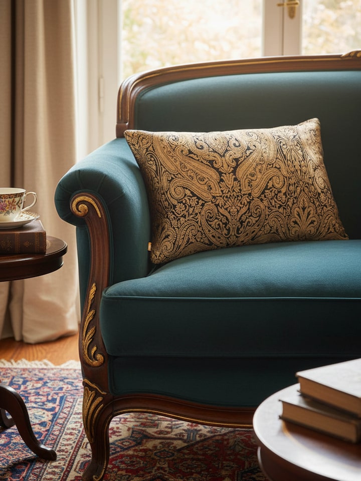 Awadh damask black Banarasi handloom silk cushion cover with intricate pattern, lifestyle view