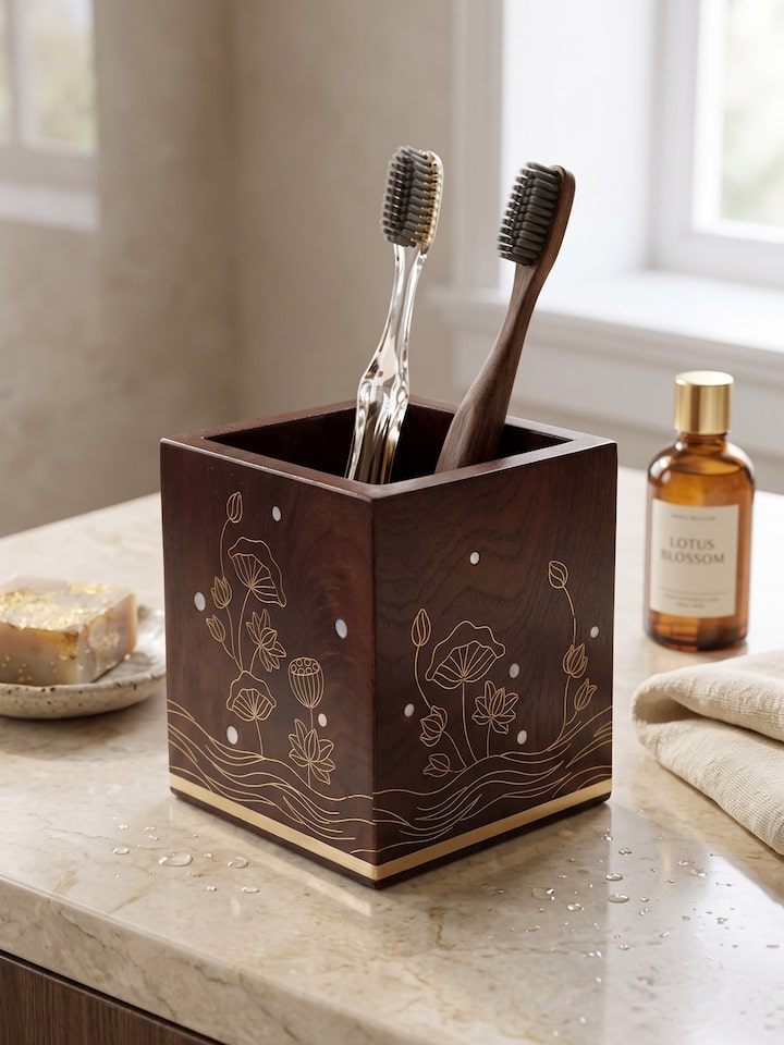 Styled view of Kamal Tarkashi Teak Wood Tooth Brush Holder styled in a home setting