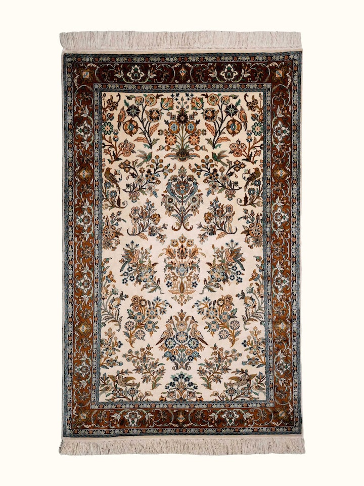 Front view of Traditional Persian Ivory Mahal Kashmir Silk Hand-Knotted Carpet showing the full rug and pattern layout