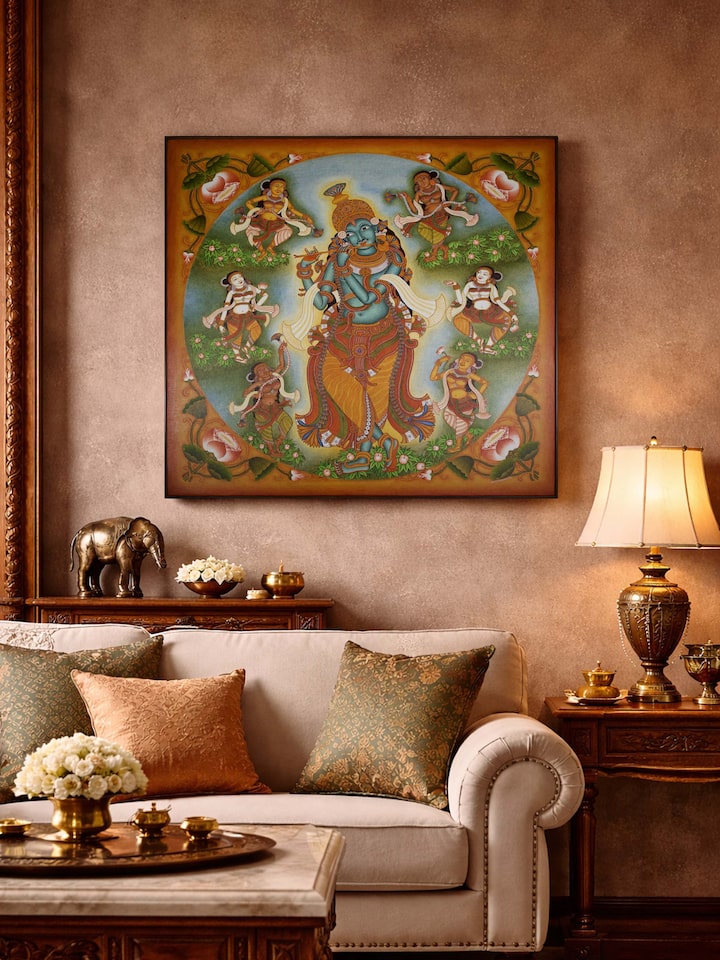 Styled view of Raasaleela Kerala Mural Painting displayed against a styled backdrop