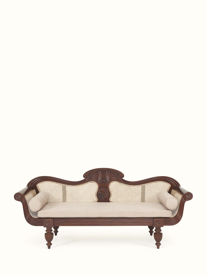 Front view of upholstered Mahogany wood and cane 3-seater sofa by Swadesh featuring neutral fabric and cane detailing