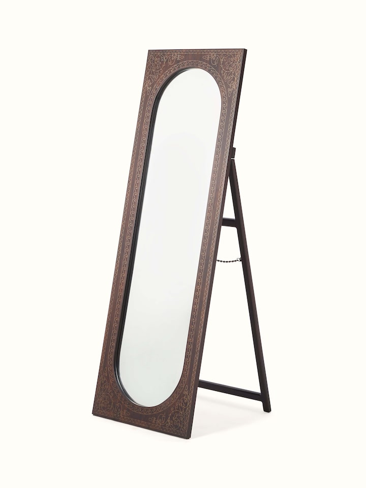 Side angle of Sheesham Wood & Brass Tarkashi Mirror, showcasing the detailed brass inlay and wood craftsmanship