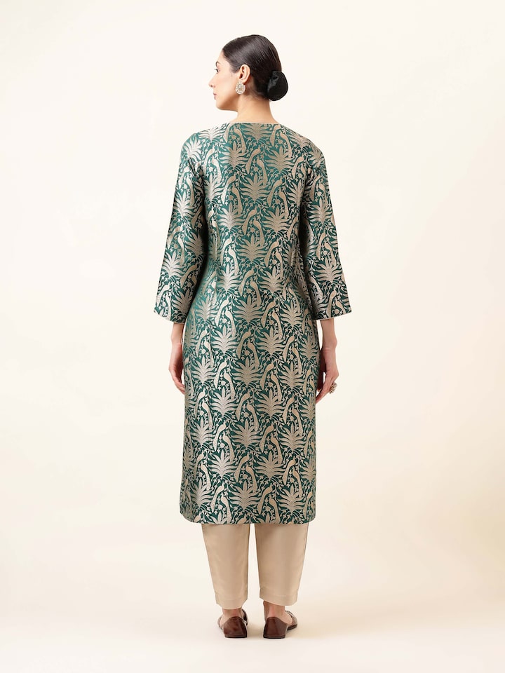 Back view of Green Silk Banarasi Kurta displaying fine tailoring and silk finish