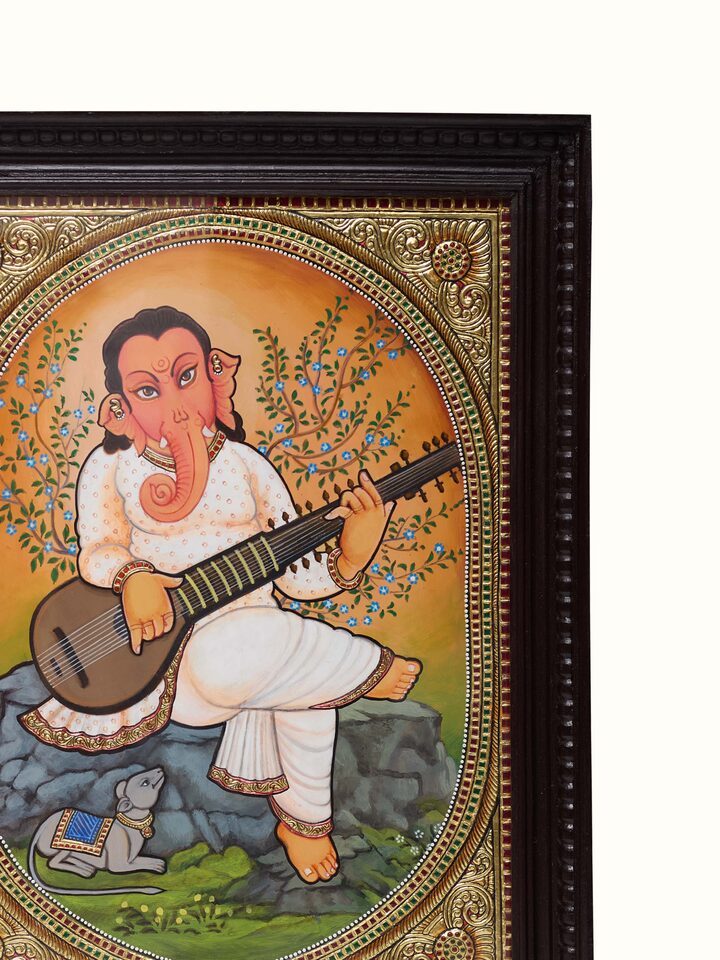Close-up detail of the Ganesha with Sitar Thanjavur Painting