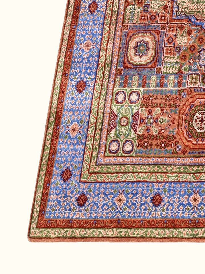 Close-up view of Traditional Persian Mamluk Rust Bhadohi Wool & Bamboo Silk Hand Knotted Rug highlighting the hand-knotted weave and motif detail