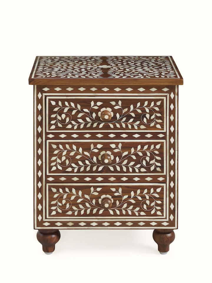 Front view of Teak Wood Inlay Bedside Table