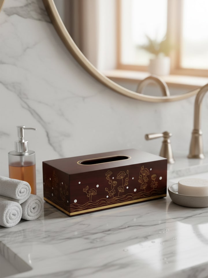 Side view of the Kamal Tarkashi Teak Wood Rectangle Tissue Box